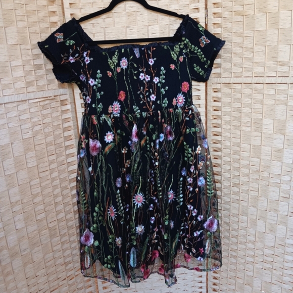 NWT Torrid Smocked Bodice Off Shoulder Skater Dress - Black Lace Embroidery - Picture 8 of 15